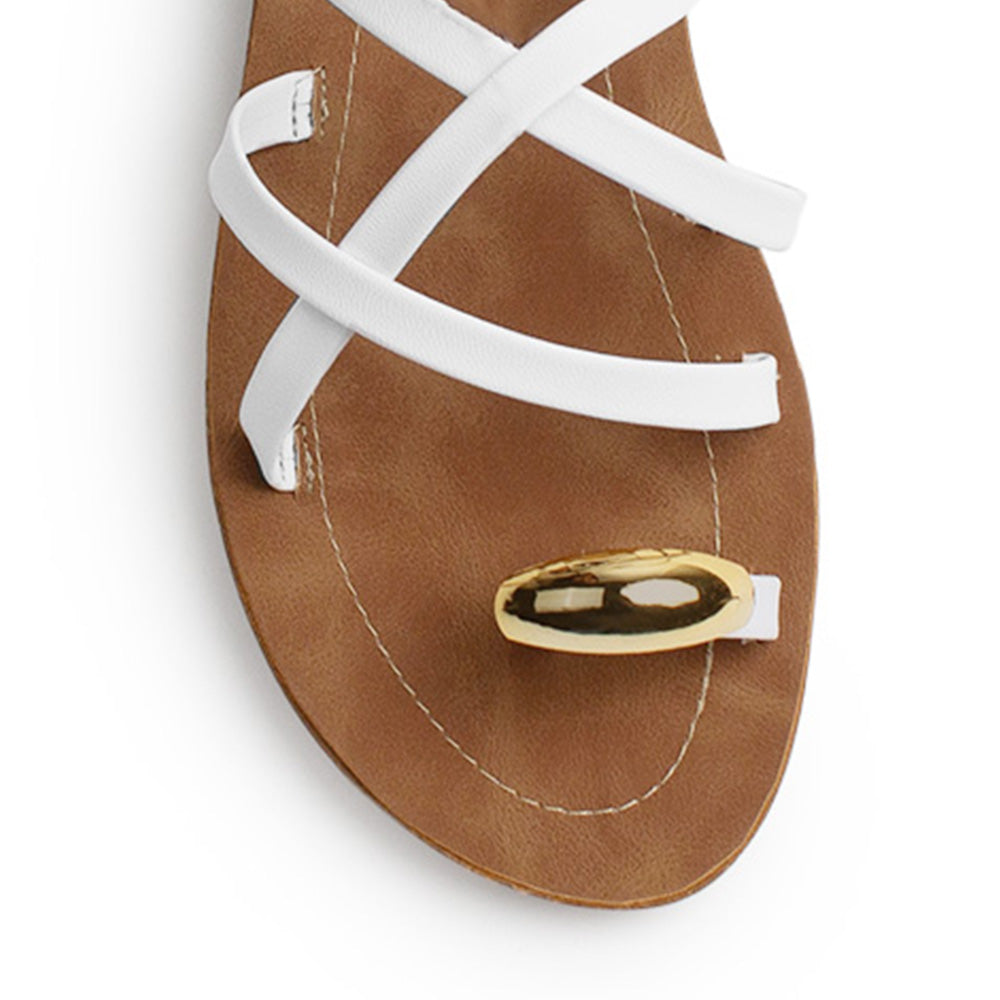 Sandalia Blanco Dama Plana Verano Tiras Cruzadas Moda Casual Mujer 3201455