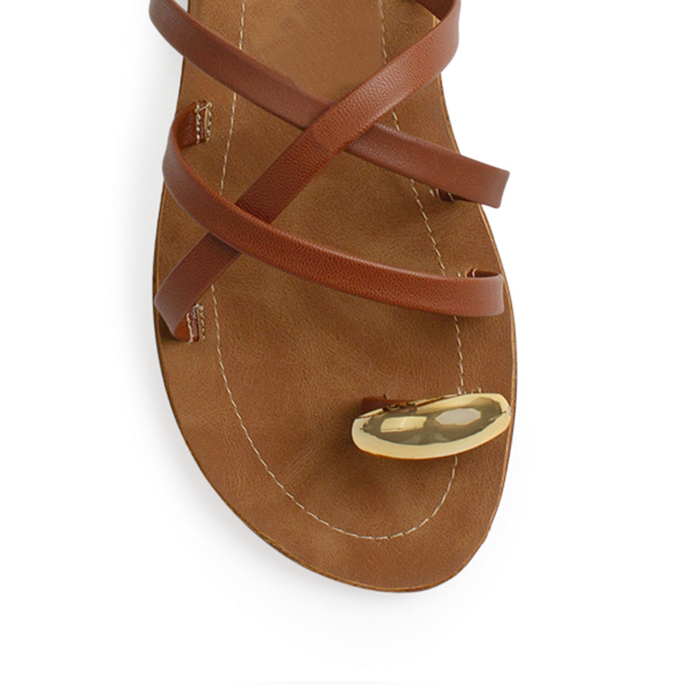 Sandalia Cafe Dama Plana Verano Tiras Cruzadas Moda Casual Mujer 3201456