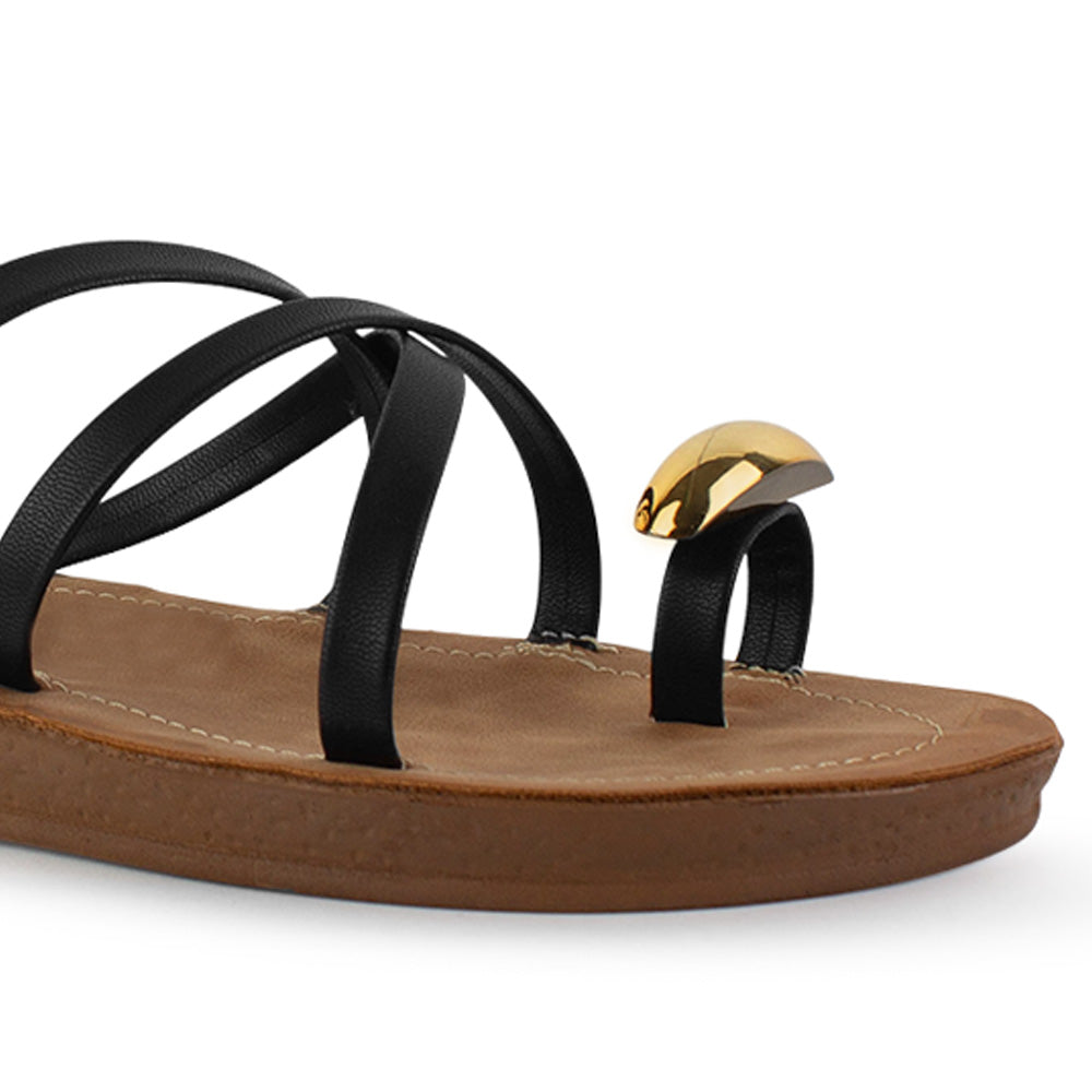 Sandalia Negro Dama Plana Verano Tiras Cruzadas Moda Casual Mujer 3201457