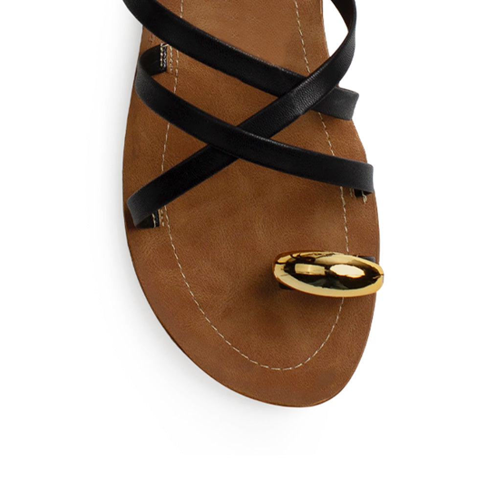 Sandalia Negro Dama Plana Verano Tiras Cruzadas Moda Casual Mujer 3201457