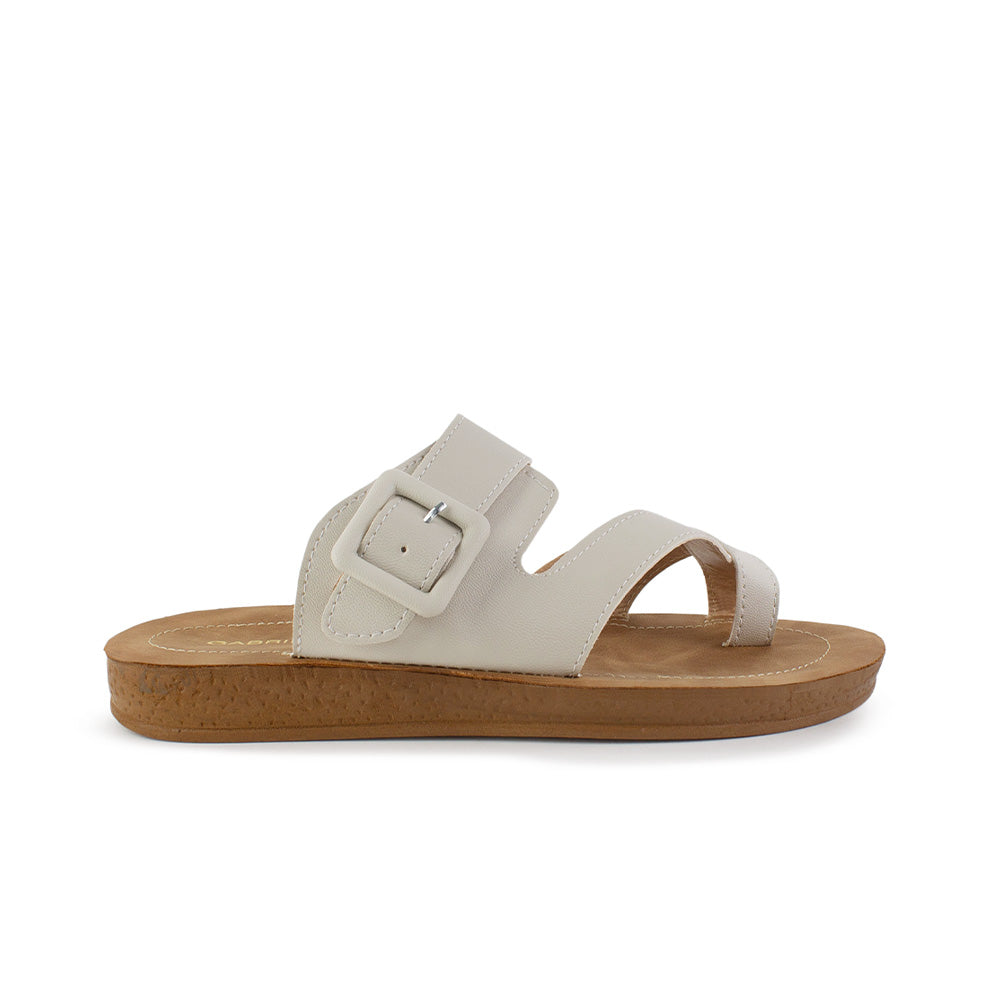 Sandalia Beige Dama Moda Confort Tira Dedo Hebilla Ajustable Plana 3201458