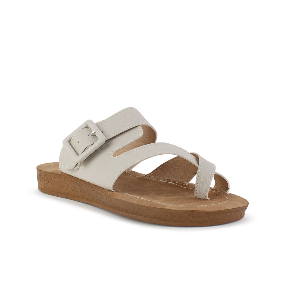 Sandalia Beige Dama Moda Confort Tira Dedo Hebilla Ajustable Plana 3201458