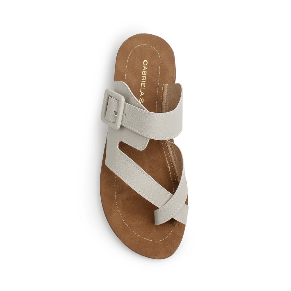 Sandalia Beige Dama Moda Confort Tira Dedo Hebilla Ajustable Plana 3201458