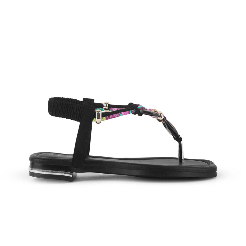 Sandalia Negro Dama Plana Detalles Decorativos Resorte Talon Moda 3201460