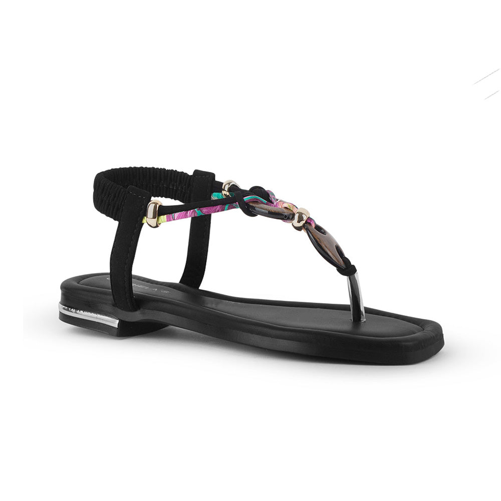 Sandalia Negro Dama Plana Detalles Decorativos Resorte Talon Moda 3201460