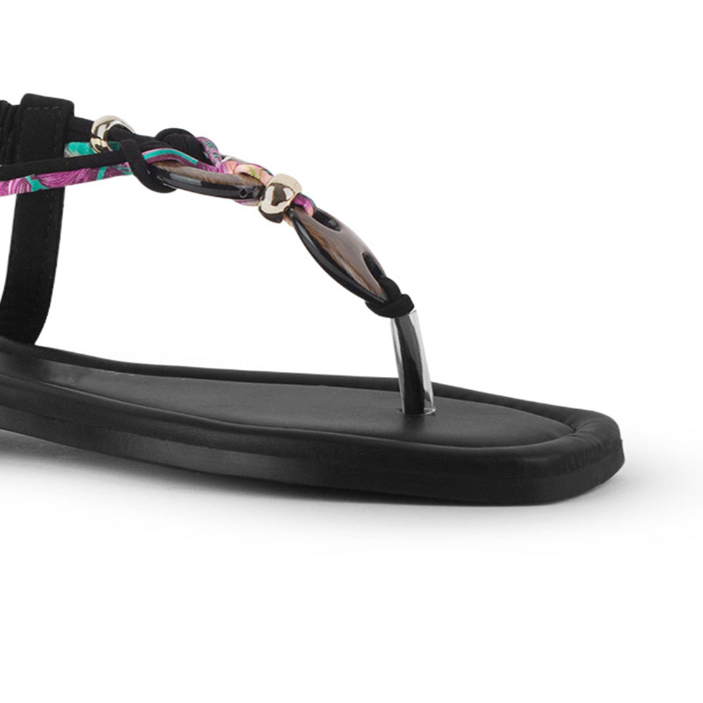 Sandalia Negro Dama Plana Detalles Decorativos Resorte Talon Moda 3201460