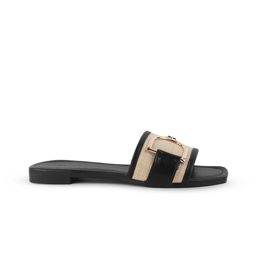 Sandalia Negro Beige Piso Dama Casual Herraje Moda Punta Cuadrada Mujer 4550099