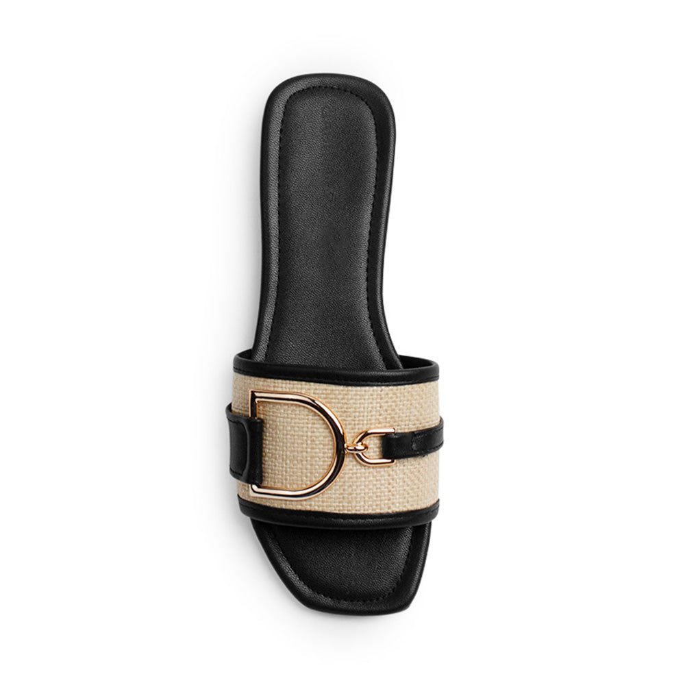 Sandalia Negro Beige Piso Dama Casual Herraje Moda Punta Cuadrada Mujer 4550099