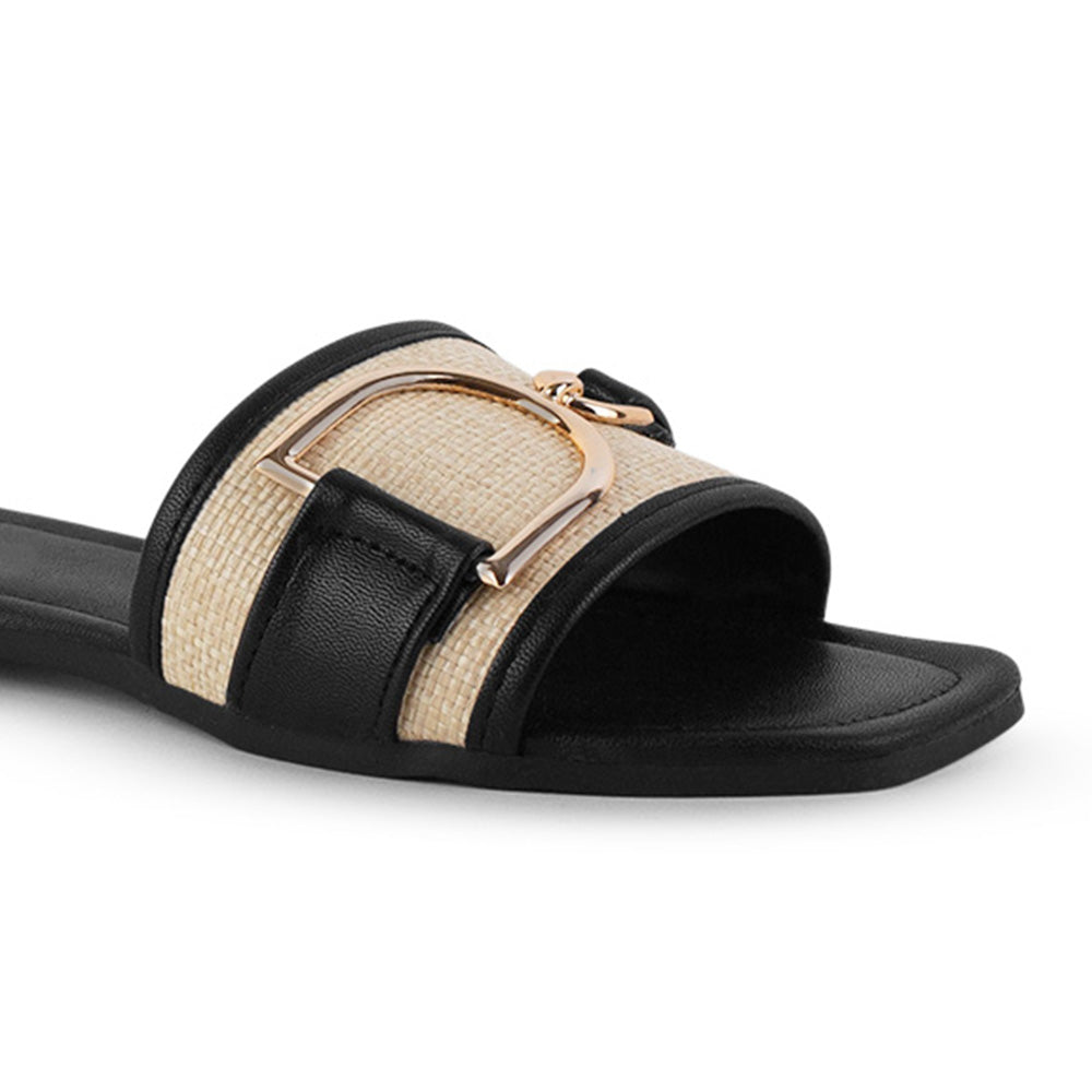 Sandalia Negro Beige Piso Dama Casual Herraje Moda Punta Cuadrada Mujer 4550099