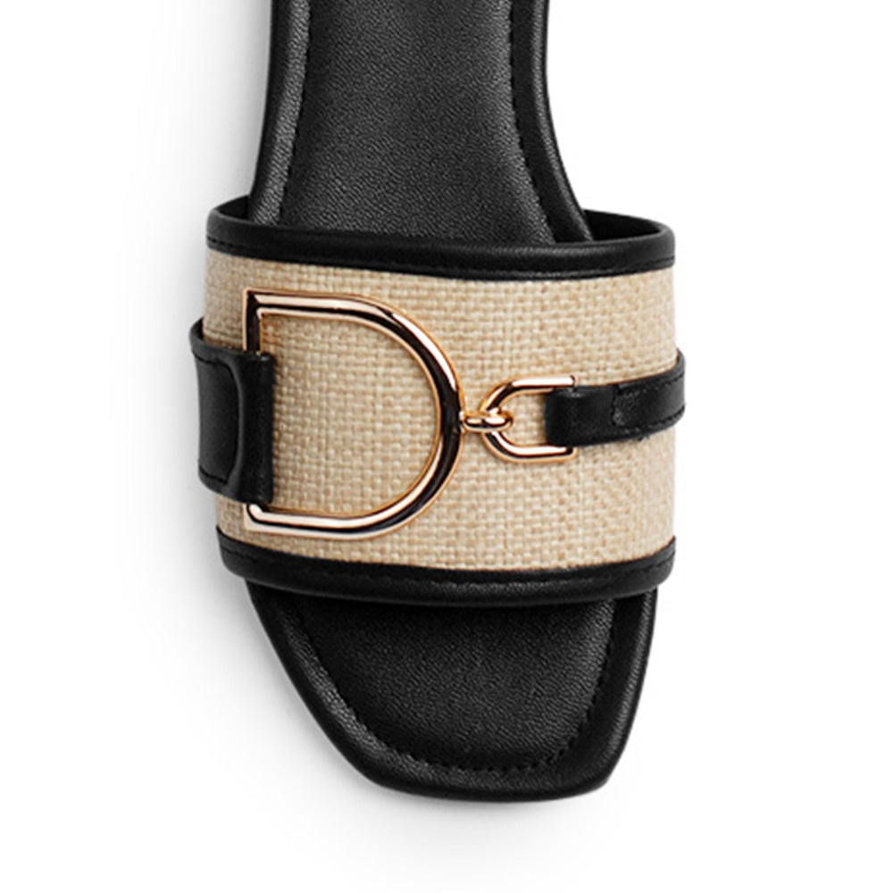 Sandalia Negro Beige Piso Dama Casual Herraje Moda Punta Cuadrada Mujer 4550099
