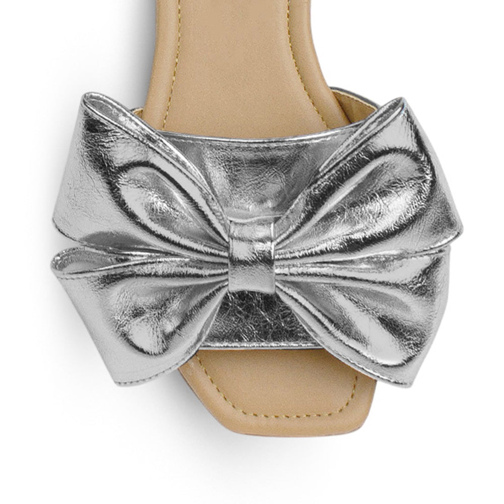 Sandalia Plata Plana Moño Casual Elegante Punta Cuadrada 4930067