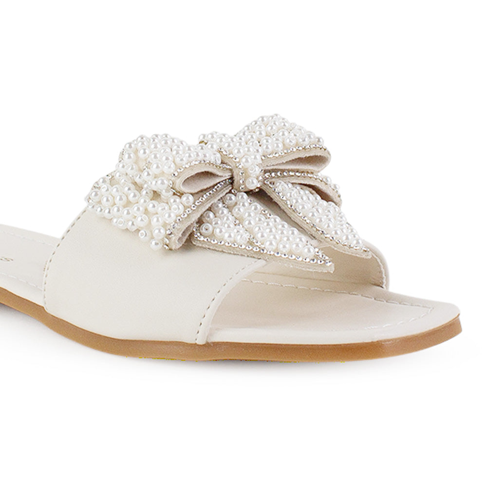 Sandalia Beige Plana Moño Pedreria Moda Mujer Casual 1710629