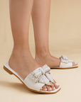 Sandalia Beige Plana Moño Pedreria Moda Mujer Casual 1710629