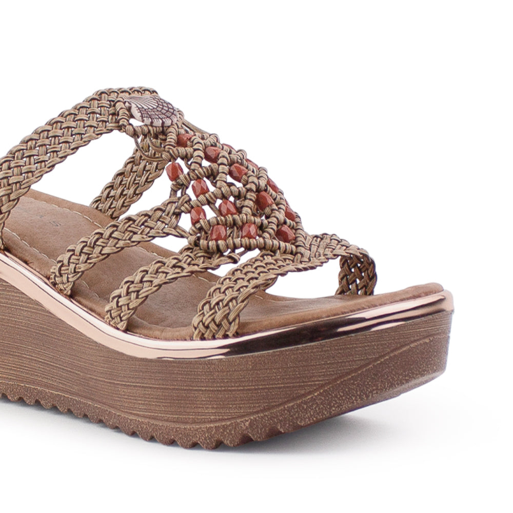 Sandalia Cafe Dama Tiras Trenzadas Detalles Pedrerias Playa Moda  3402783