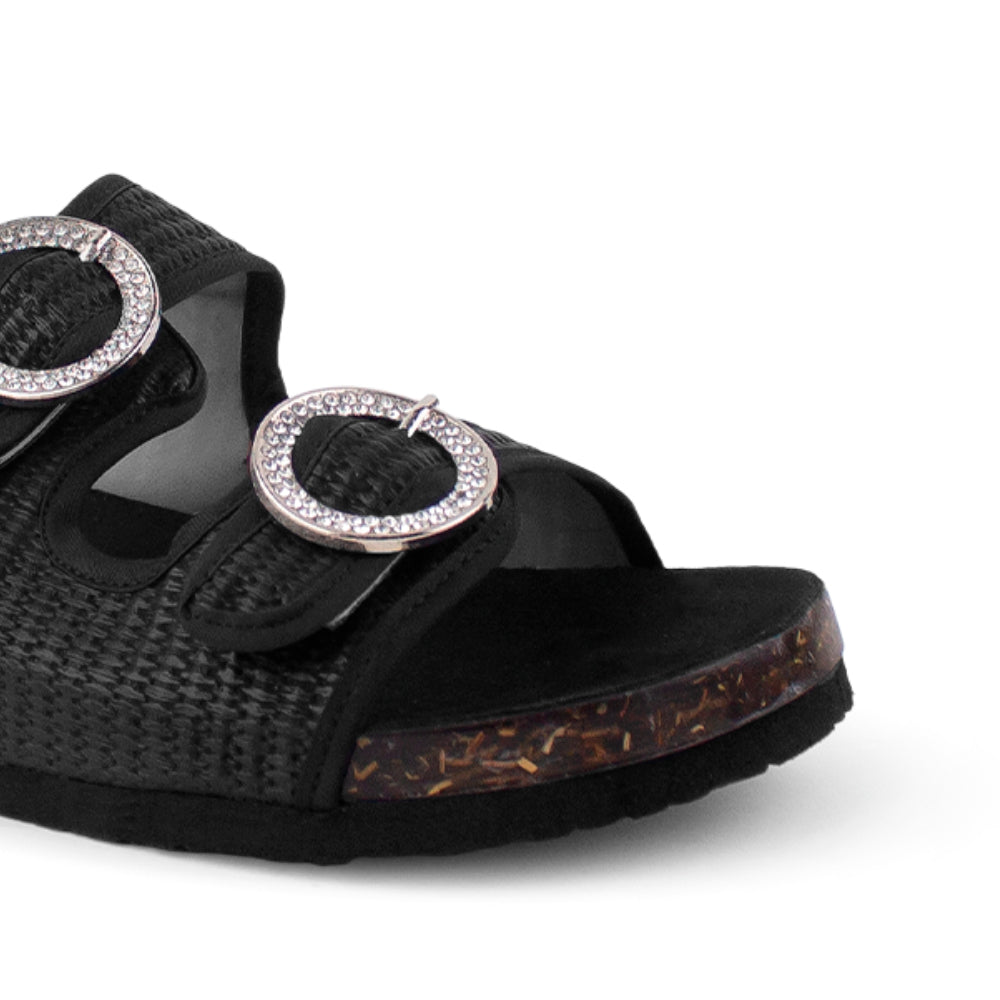 Sandalia Negro Mujer Doble Tira Hebilla Redonda Moda Casual Verano 3402814