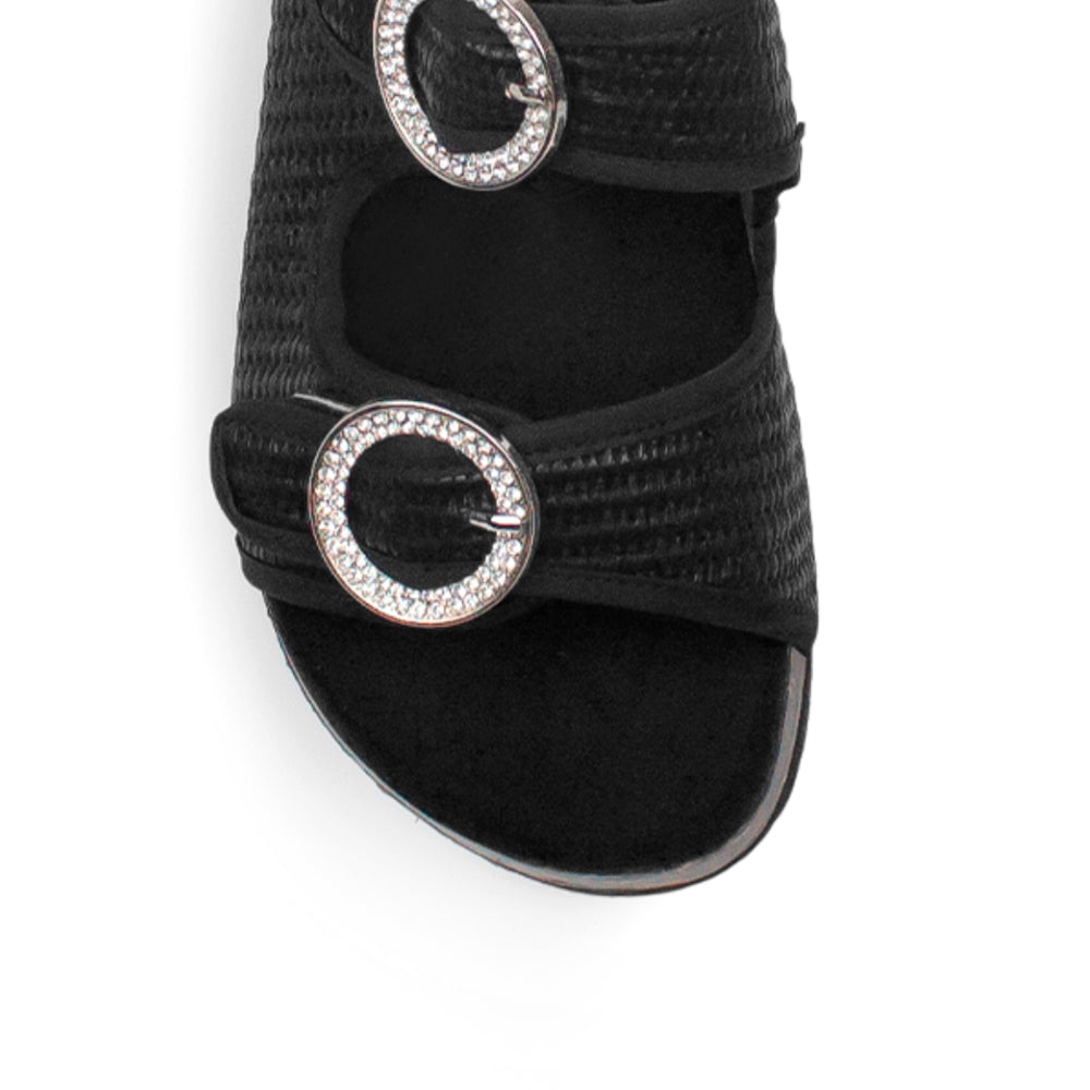 Sandalia Negro Mujer Doble Tira Hebilla Redonda Moda Casual Verano 3402814