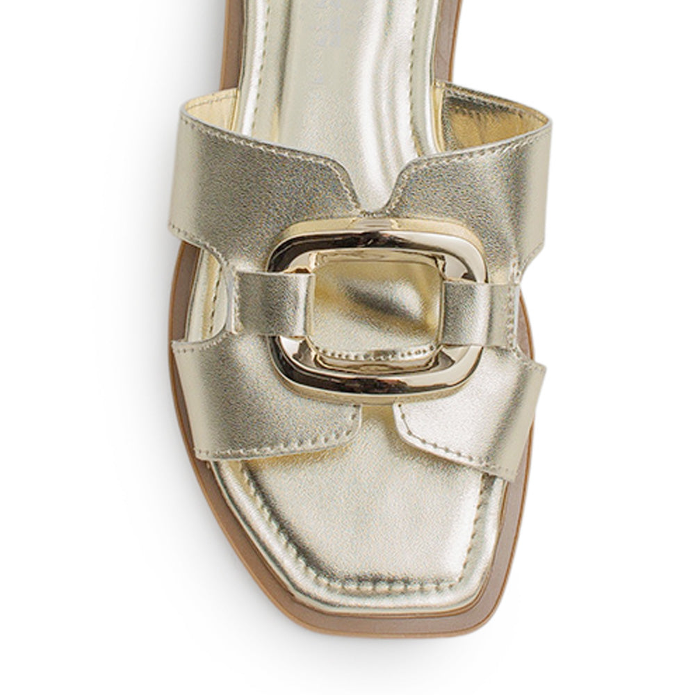 Sandalia Oro Mujer Piso Punta Cuadrada Herraje Casual Moda Dama 3402930