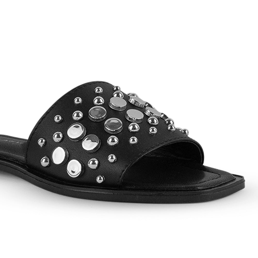 Sandalia Negro Piso Dama Casual Pedreria Moda Tira Ancha Playa 3402933