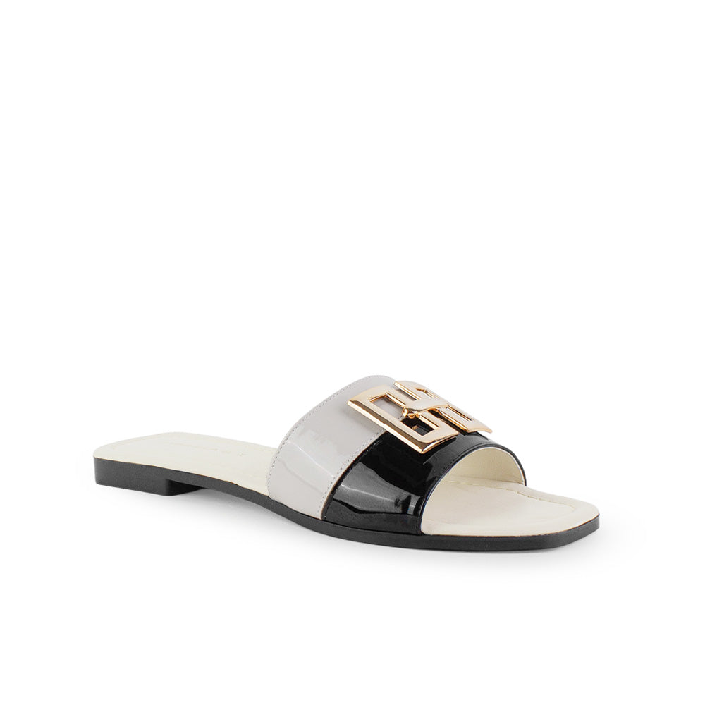 Sandalia Beige Negro Mujer Casual Piso Punta Cuadrada Herraje Moderno 3402967