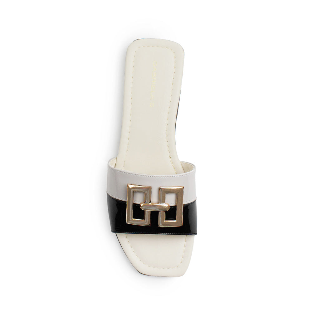Sandalia Beige Negro Mujer Casual Piso Punta Cuadrada Herraje Moderno 3402967