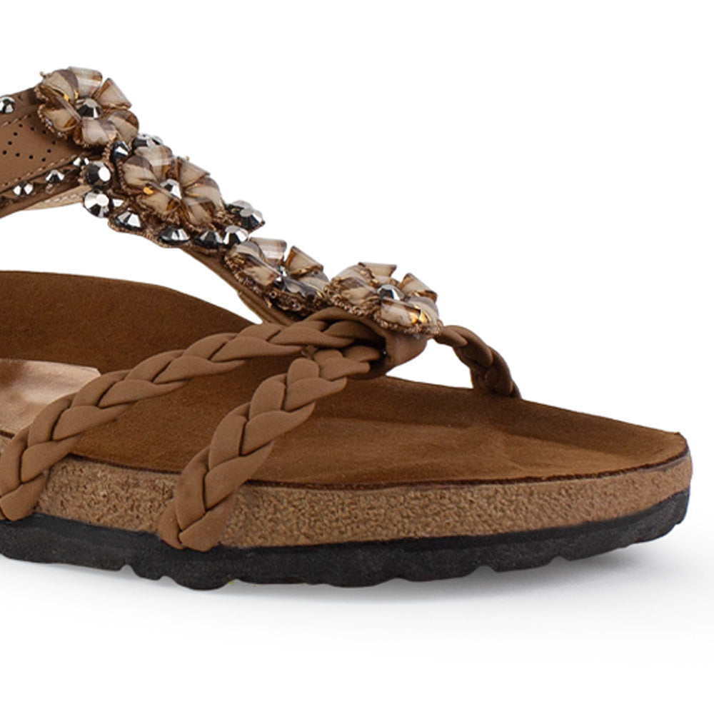 Sandalias Cafe Dama Moda Tiras Trenzadas Ajuste Elastico Pedreria 3402970