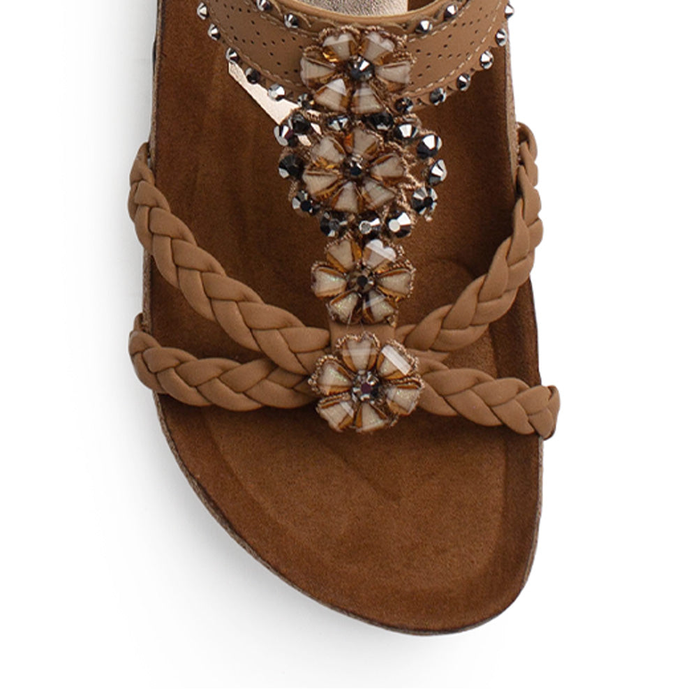Sandalias Cafe Dama Moda Tiras Trenzadas Ajuste Elastico Pedreria 3402970