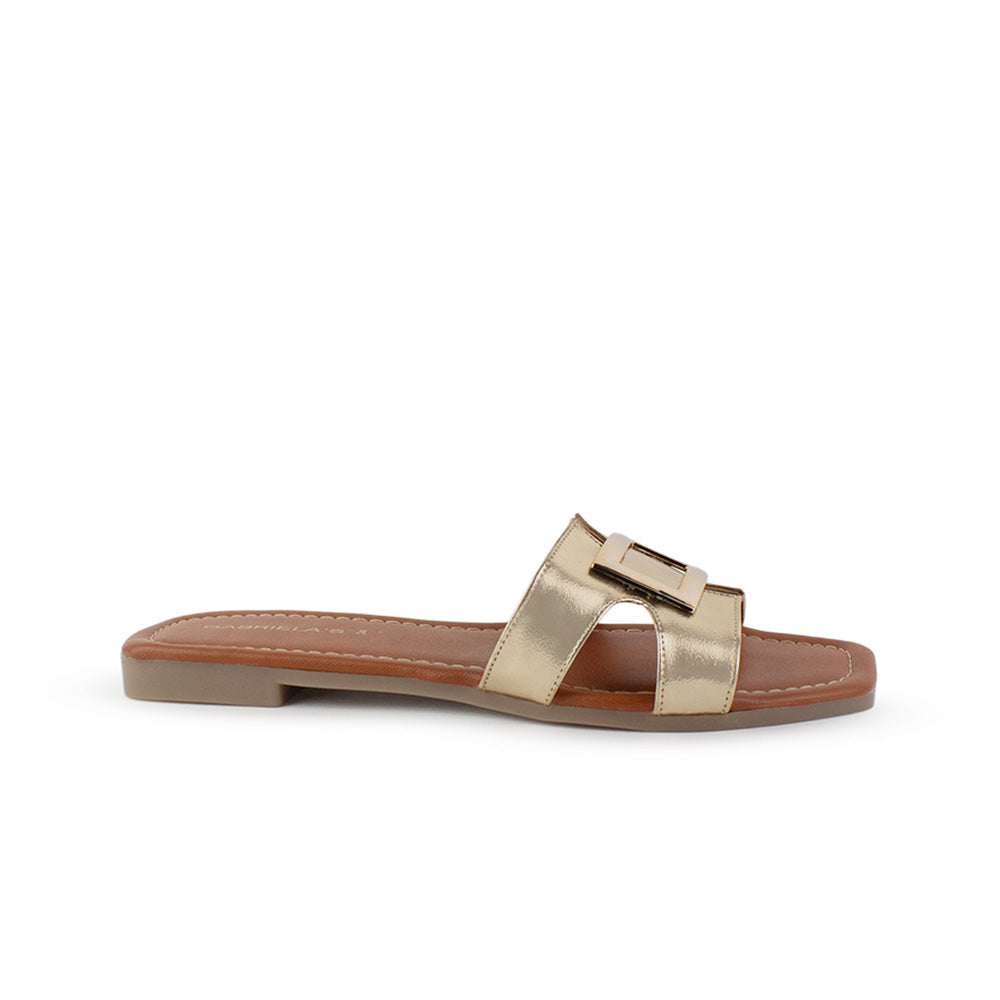Sandalia Oro Mujer Moda Casual Herraje Suela Baja Tiras Anchas 3402974