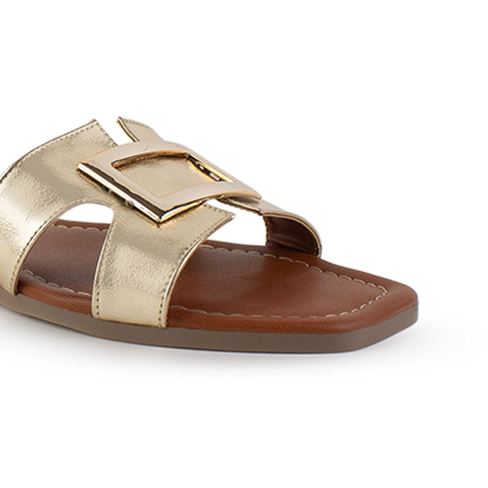 Sandalia Oro Mujer Moda Casual Herraje Suela Baja Tiras Anchas 3402974