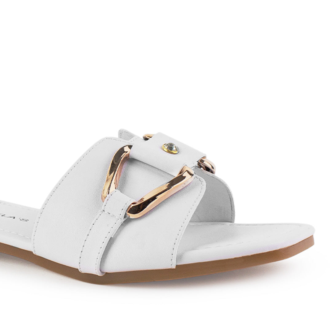 Sandalia Blanco Plana Dama Tira Ancha Hebilla Moda Casual Verano 3402987