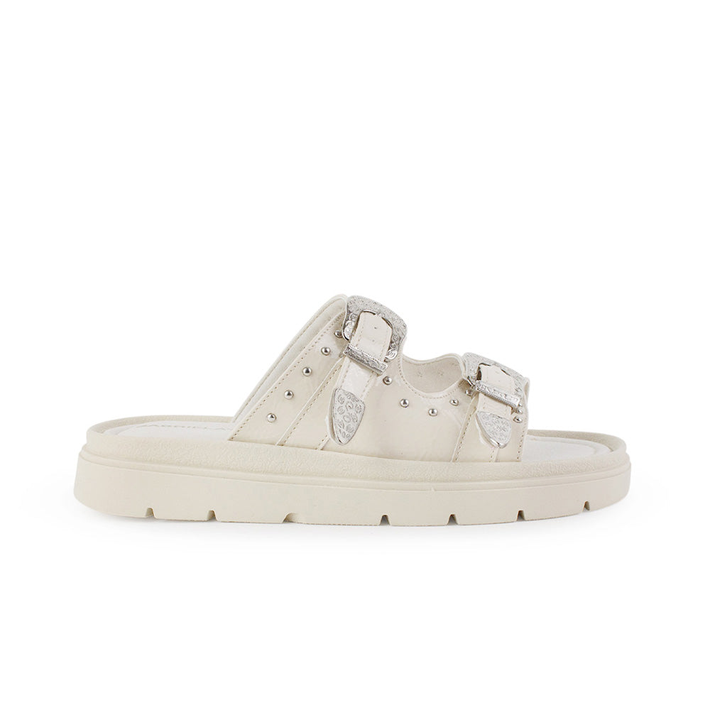 Sandalia Beige Plataforma Baja Doble Tira Estoperoles Hebillas 3402998