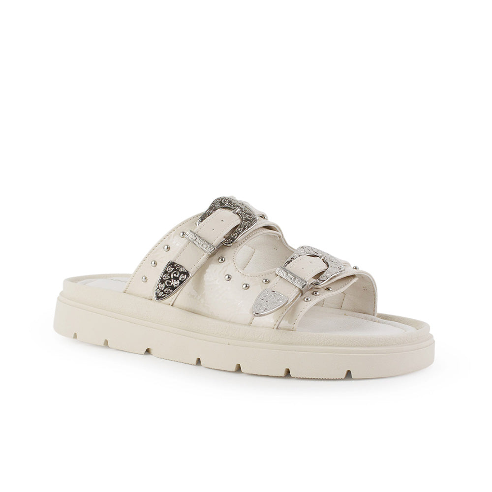 Sandalia Beige Plataforma Baja Doble Tira Estoperoles Hebillas 3402998