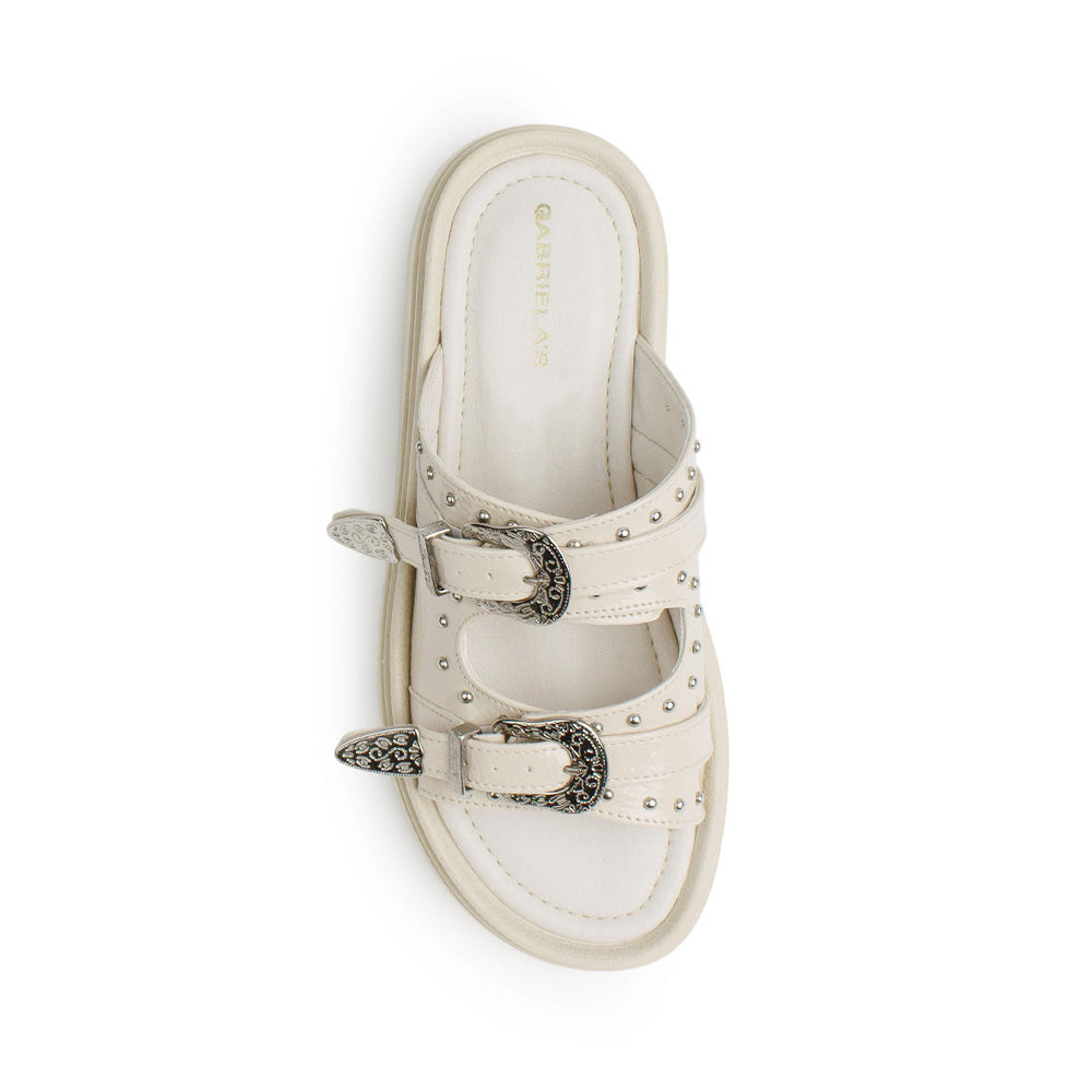 Sandalia Beige Plataforma Baja Doble Tira Estoperoles Hebillas 3402998