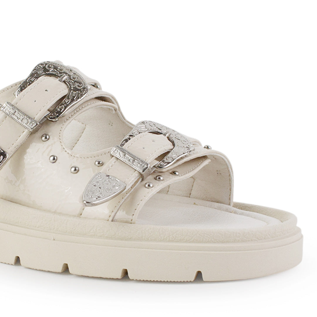 Sandalia Beige Plataforma Baja Doble Tira Estoperoles Hebillas 3402998