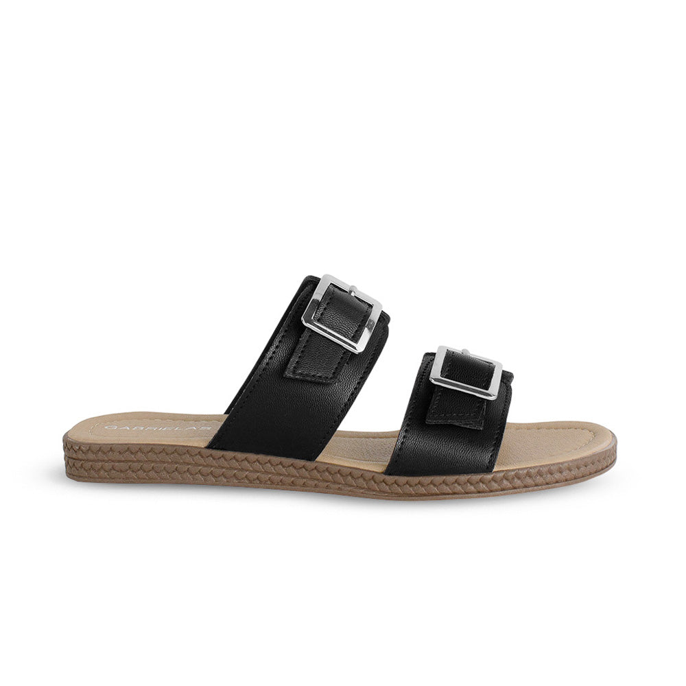Sandalia Negro Piso Doble Hebilla Casual Mujer Moda 4910037