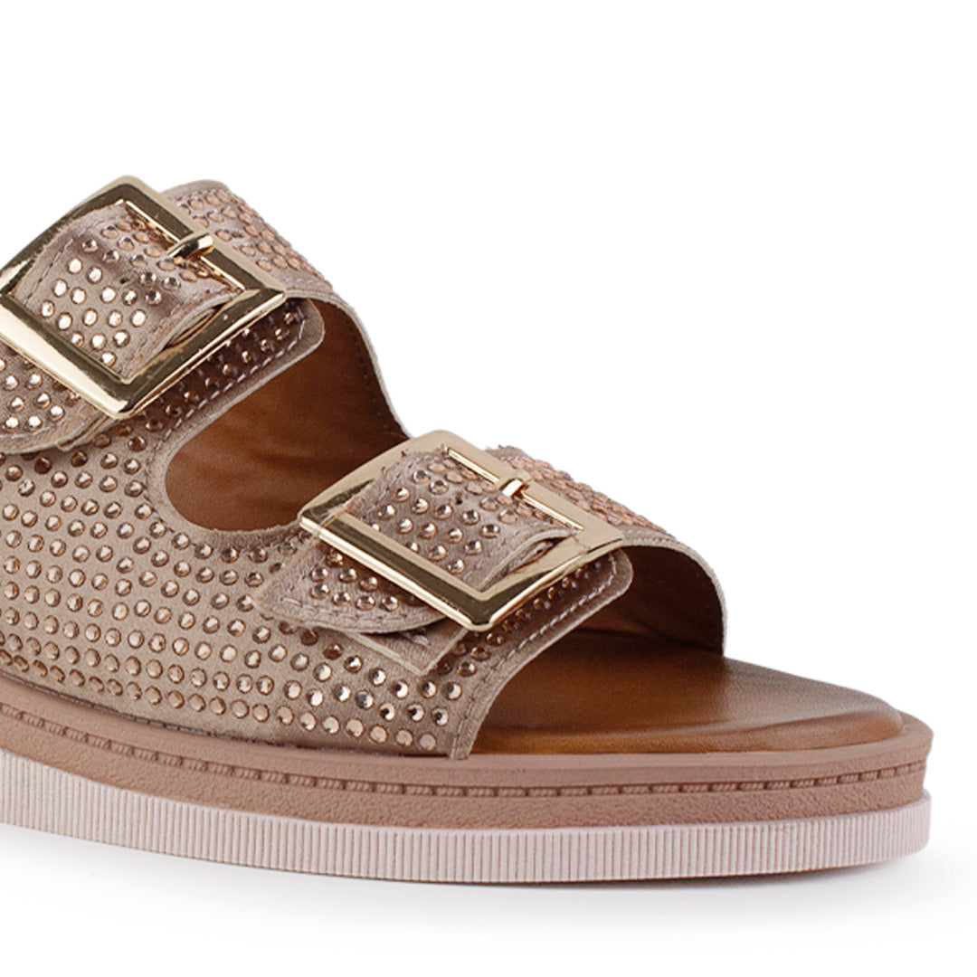 Sandalia Maquillaje Oro Rosado Dama Doble Tira Brillos Moda Doble Tira Hebillas 4640029