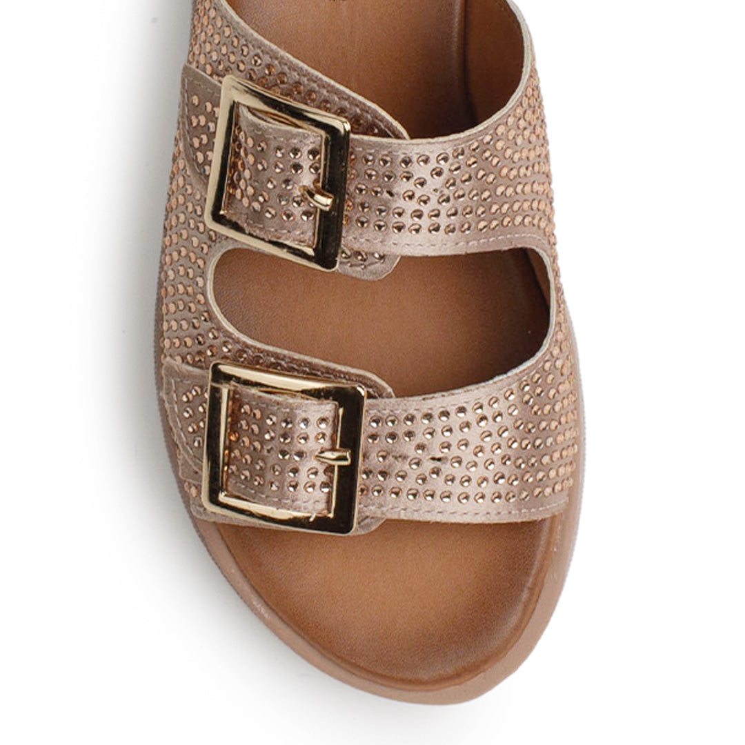 Sandalia Maquillaje Oro Rosado Dama Doble Tira Brillos Moda Doble Tira Hebillas 4640029