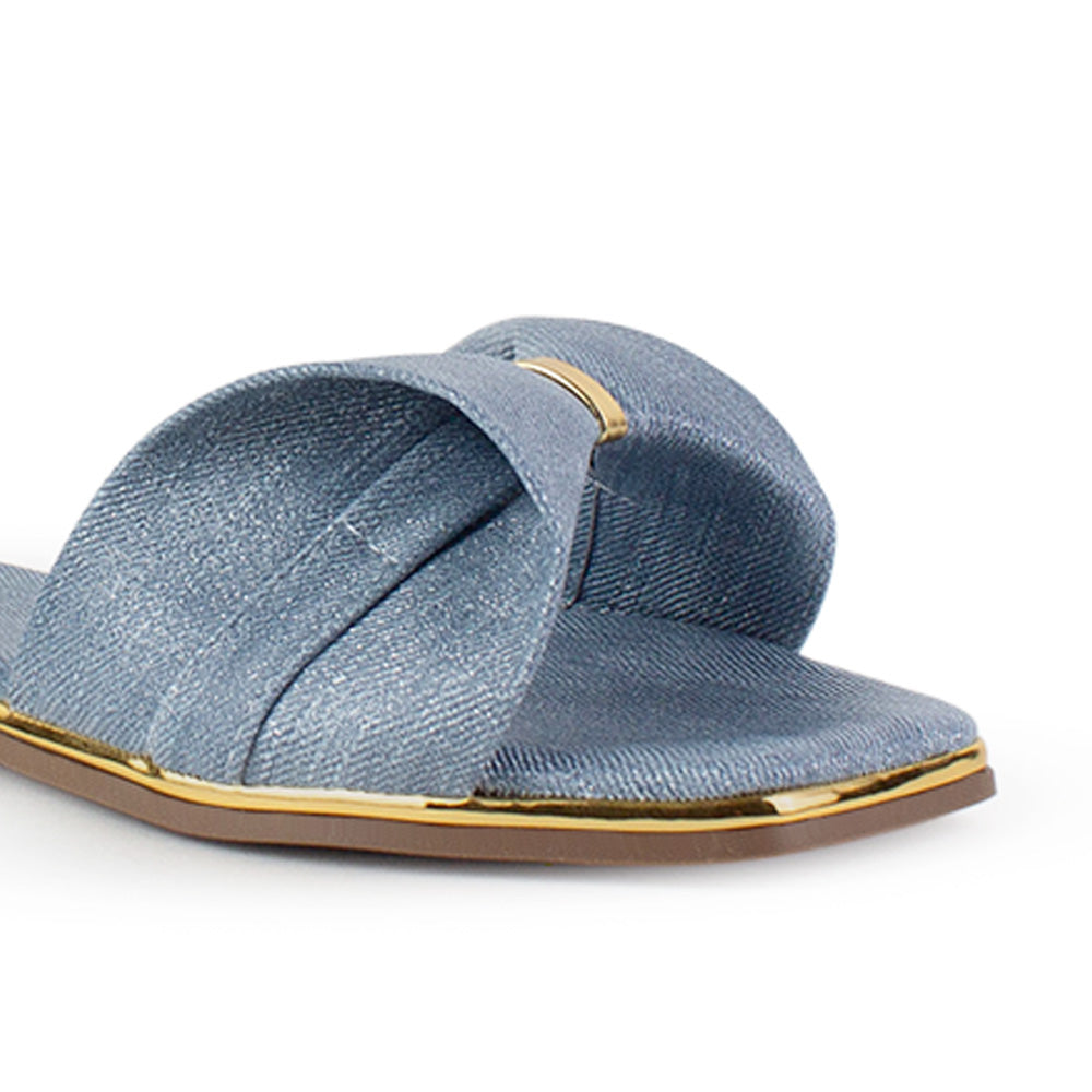 Sandalia Azul Plana Mujer Punta Cuadrada Moño Moda Dama 2760731