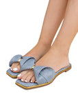 Sandalia Azul Plana Mujer Punta Cuadrada Moño Moda Dama 2760731