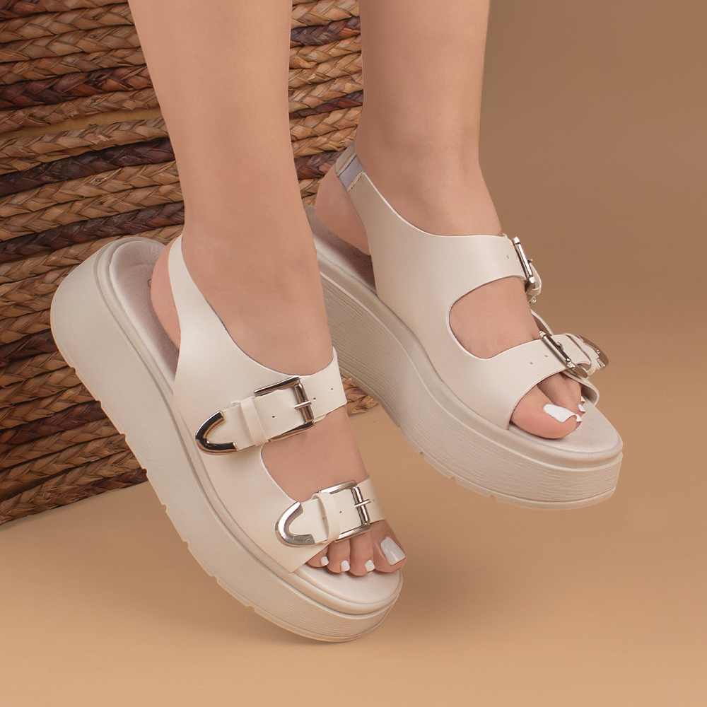 Sandalia Beige Plataforma Mujer Comoda Ajuste Hebillas Moda Verano 3430045