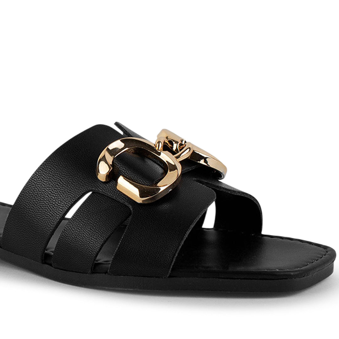 Sandalia Negro Dama Punta Cuadrada Herraje Plana Elegante Comoda 4170005