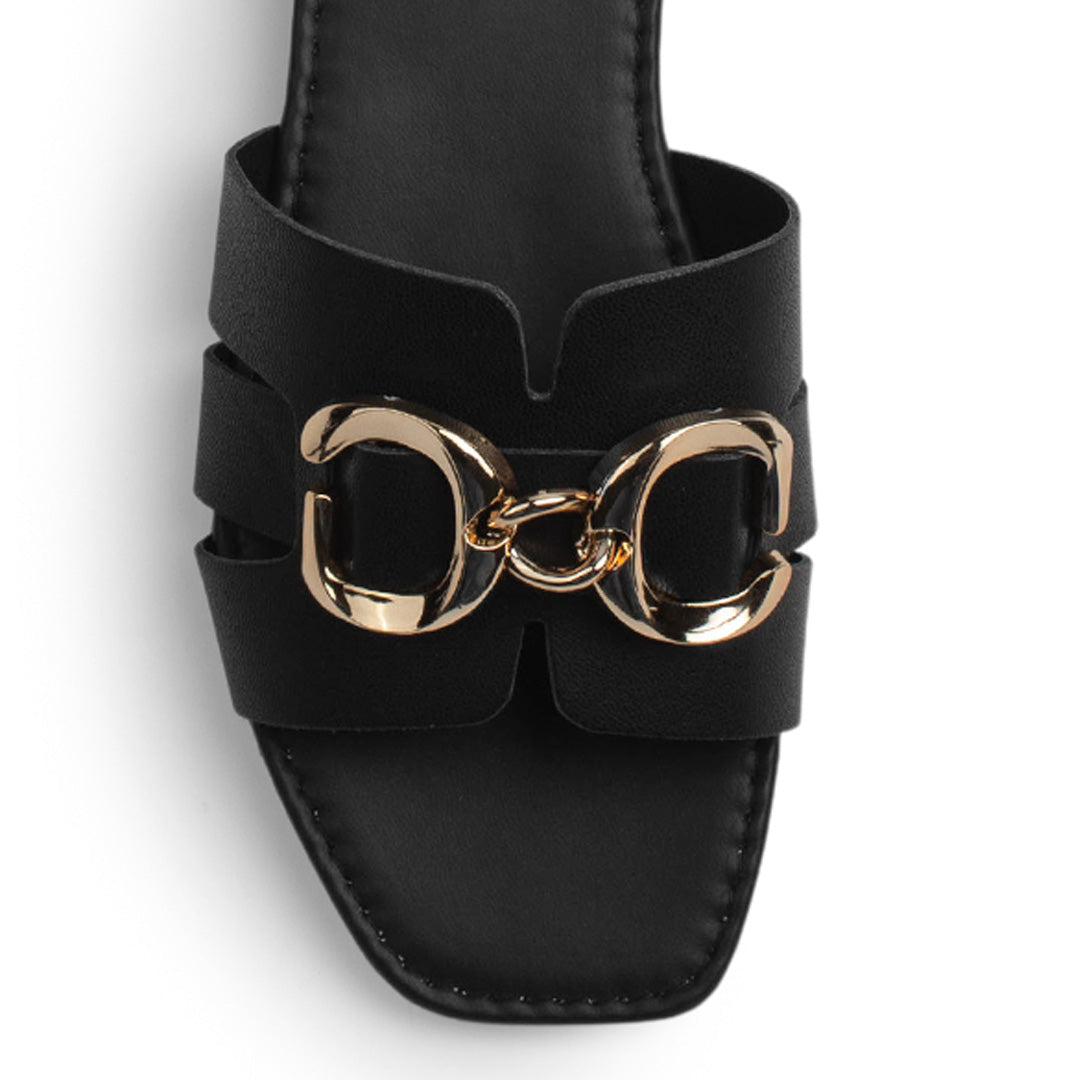 Sandalia Negro Dama Punta Cuadrada Herraje Plana Elegante Comoda 4170005