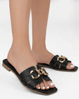 Sandalia Negro Dama Punta Cuadrada Herraje Plana Elegante Comoda 4170005