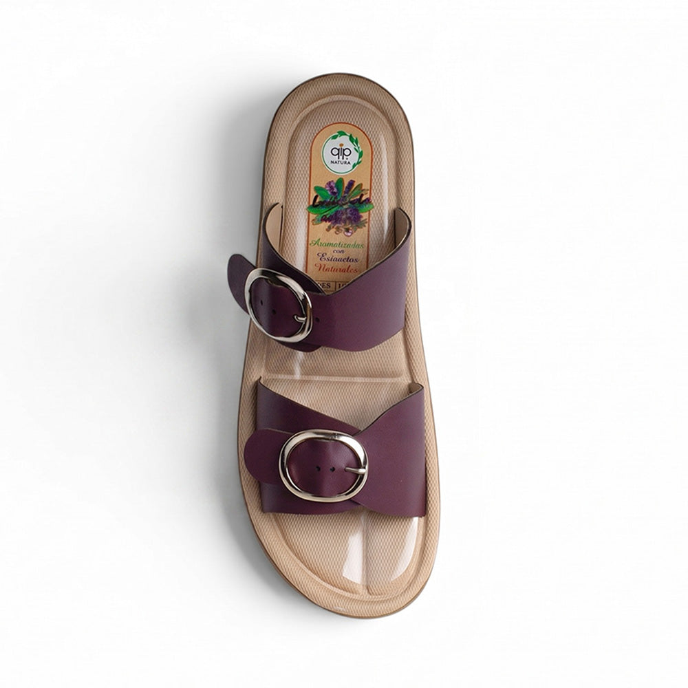 Vista superior de sandalia vino para mujer con aroma