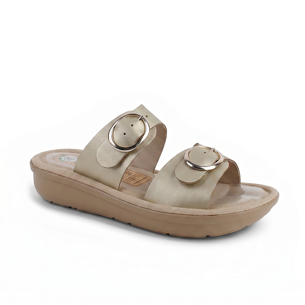 Vista diagonal de sandalia oro con aroma para mujer 