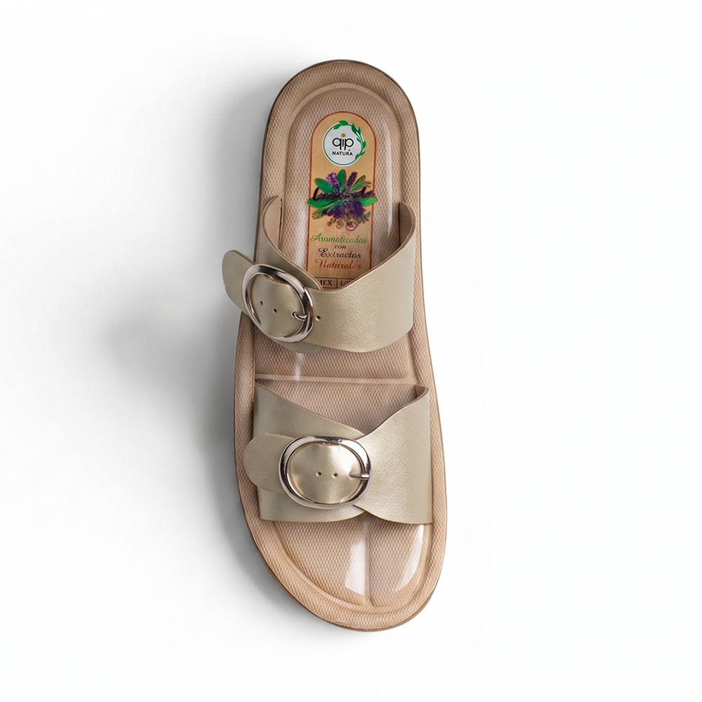 Vista superior de sandalia oro para mujer con aroma