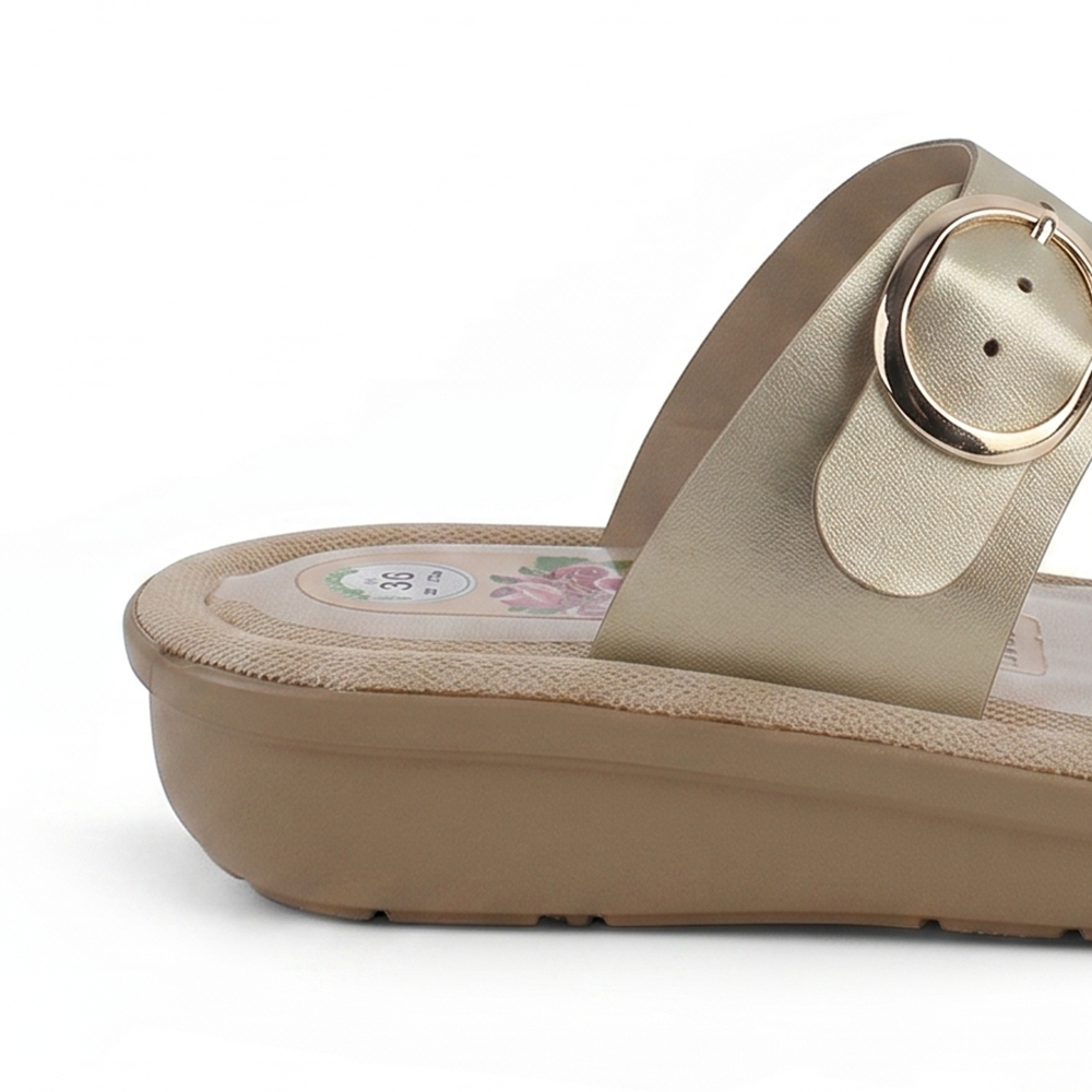 Vista trasera de sandalia oro para mujer destalonada con aroma 
