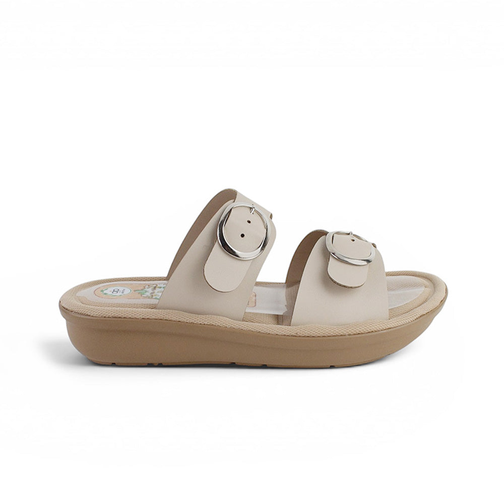 Vista lateral de sandalia beige para mujer destalonada 