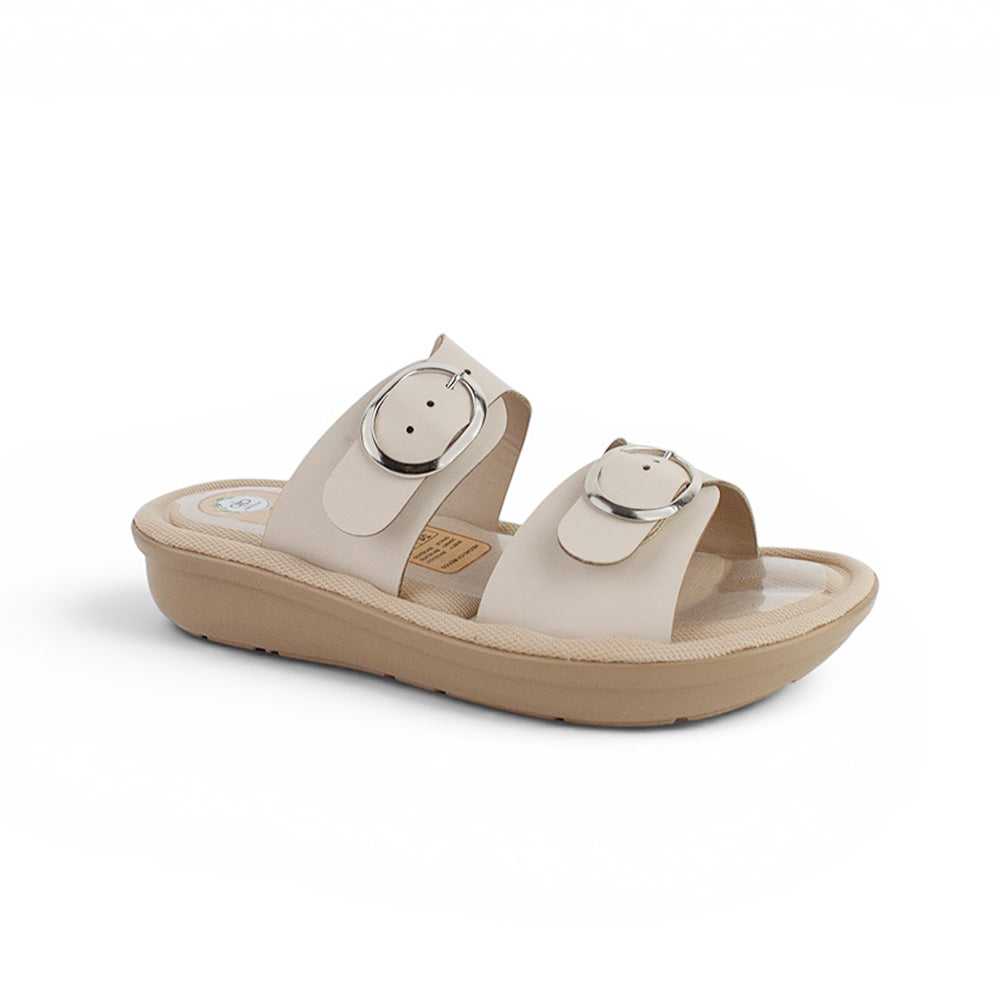 Vista diagonal de sandalia beige con aroma para mujer 
