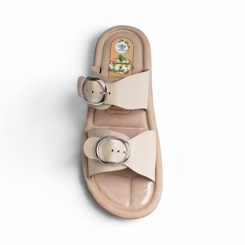 Vista superior de sandalia beige para mujer con aroma