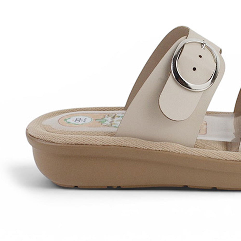 Vista trasera de sandalia beige para mujer destalonada con aroma